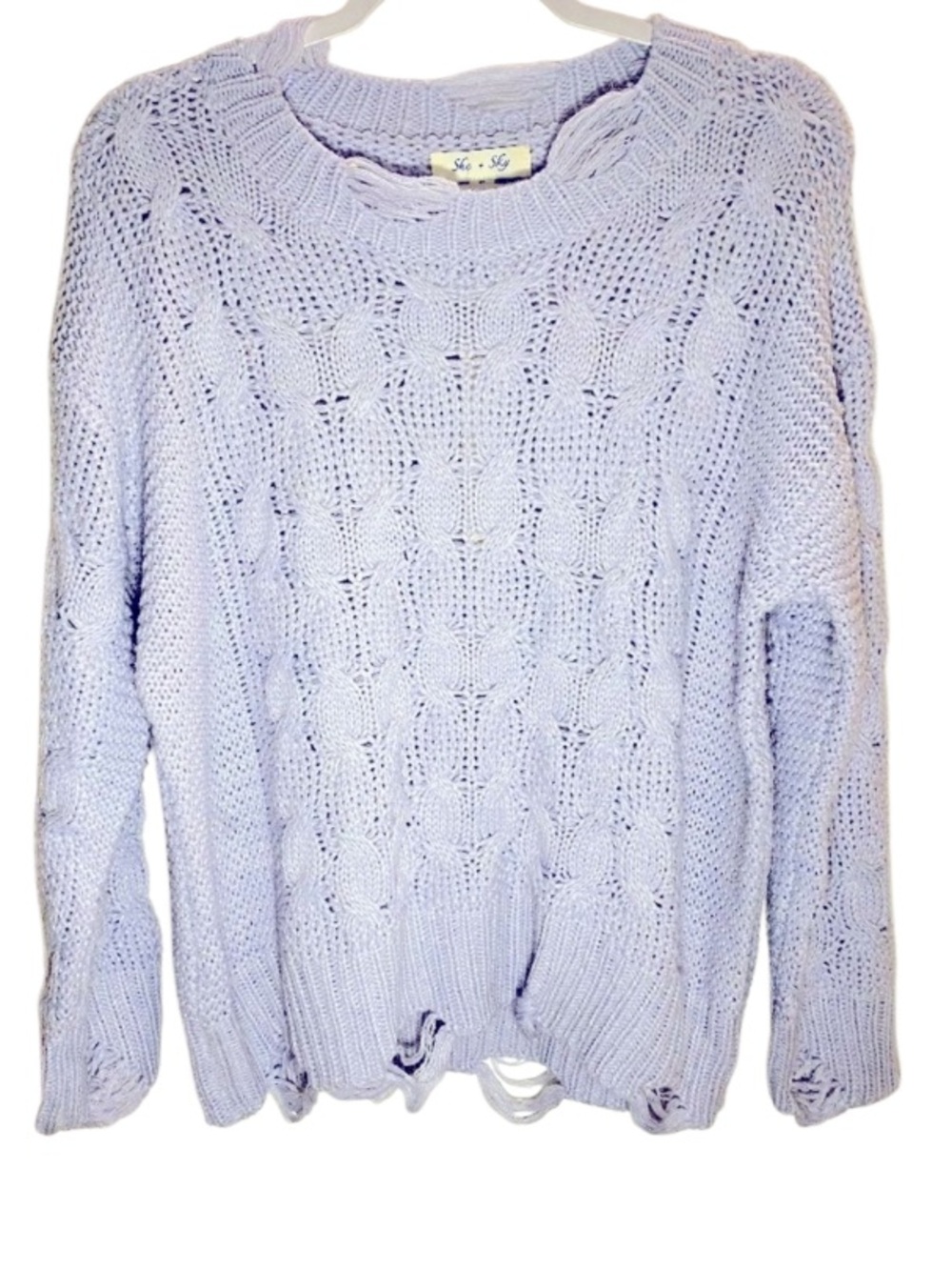 NWT! SHE & SKY Distressed Lavender Cable Sweater